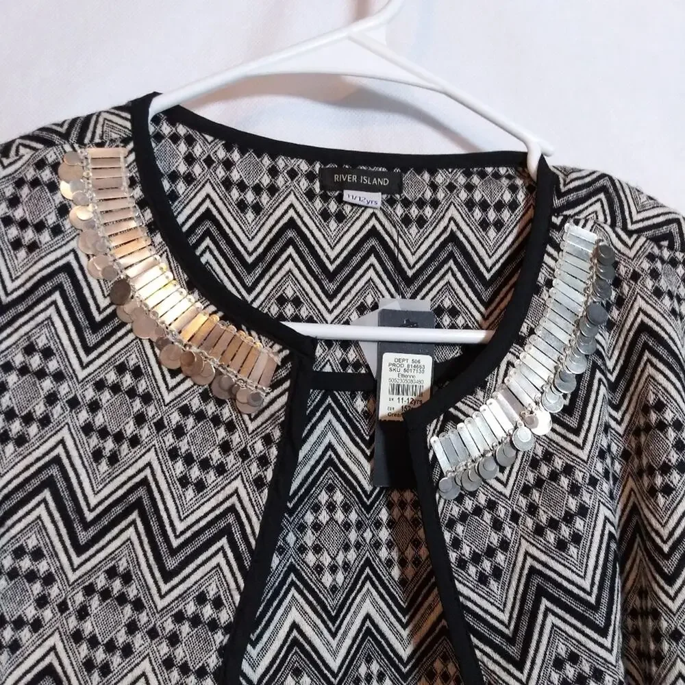 River Island Black and White Embellished Jacquard Open-front Jacket Size 11-12